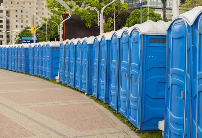 a fleet of portable restrooms ready for use at a large outdoor wedding or celebration in Griffith, IN